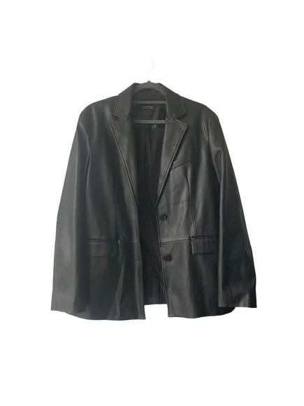 Bershka ladies black long sleeved button up faux leather blazer jacket coat - Picture 2 of 6